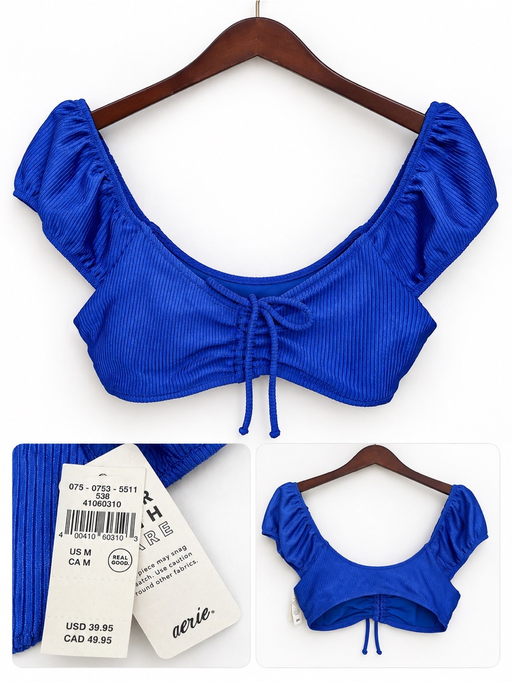 Aerie Blue Ribbed Ruched Off Shoulder Bikini Top NWT Size M